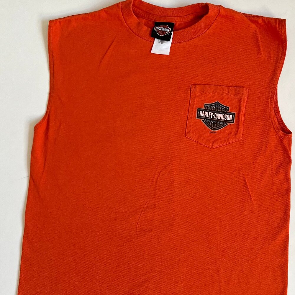 Men's Harley Davidson Spell Out Orange Sleeveless T Shirt Sz Lg Outer Banks NC